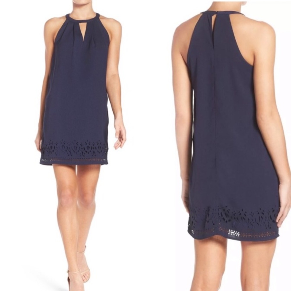 Greylin Navy Lasercut Hem Swing Dress w Keyhole
